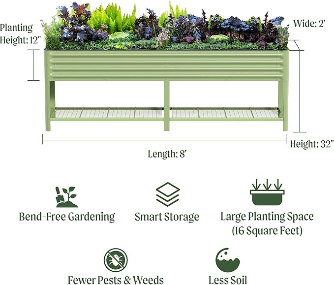 Elevated Raised Garden Bed-V Series, 2' x 8' Garden Beds with Legs & Storage Rack for Patio Porch, 1400 Lbs Weight Capacity, Outdoor Planter Boxes for Gardening Herbs Vegetables Flowers, Pearl White
