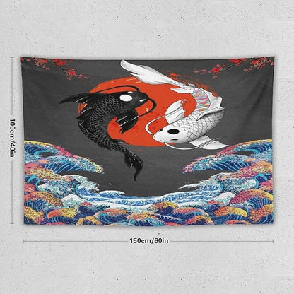 Houselerax Japanese Koi Fish Tapestries, Yin Yang Big Wave Cherry Blossom Tapestry Wall Hanging for Bedroom Living Room Office Decor 60"x40"