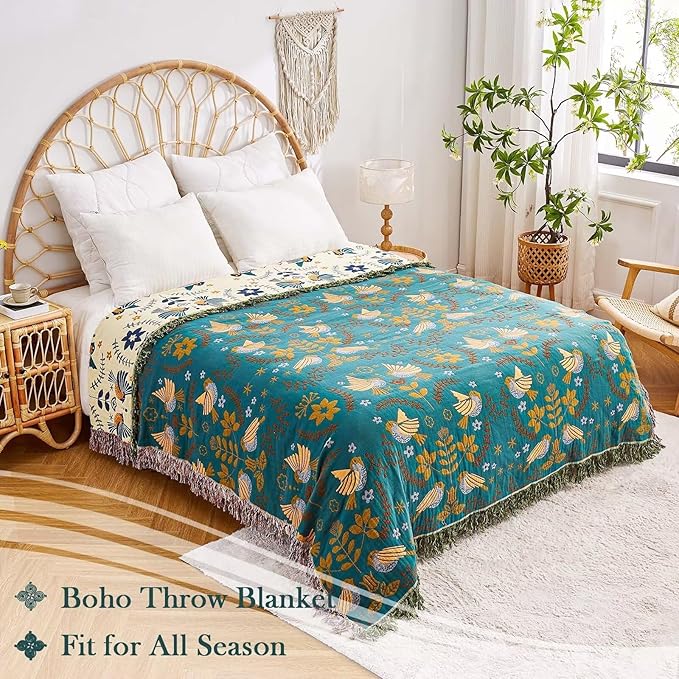 Boho Throw Blanket, 100% Cotton Ultra Soft Luxury Throw Rustic Quilt, 90"x98" Floral Printed Farmhouse Decor Bed Summer Blankets, All Season Rustic Reversible Bohemian Throw for Bed - Blue