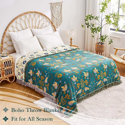 Boho Throw Blanket, 100% Cotton Ultra Soft Luxury Throw Rustic Quilt, 90"x98" Floral Printed Farmhouse Decor Bed Summer Blankets, All Season Rustic Reversible Bohemian Throw for Bed - Blue