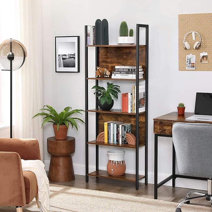 VASAGLE 5-Tier Bookshelf, Book Shelf, Industrial Bookcase, with Steel Frame, for Living Room, Home Office, Bedroom, 9.4 x 24.4 x 65 Inches, Rustic Brown and Black ULLS025B01