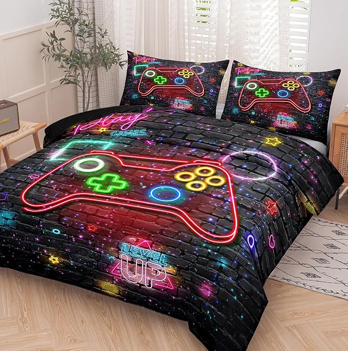 NINENINE Gaming Bedding Sets for Boys 5PCS Queen Size Gamer Comforter Gampad Contoller Video Kids Teens Black Bedding Comforter Sheet Set(1Comforter, 1Flat Sheet, 1Fitted Sheet, 2Pillowcases)