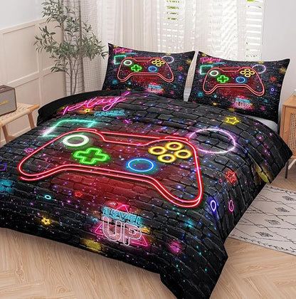NINENINE Gaming Bedding Sets for Boys 5PCS Queen Size Gamer Comforter Gampad Contoller Video Kids Teens Black Bedding Comforter Sheet Set(1Comforter, 1Flat Sheet, 1Fitted Sheet, 2Pillowcases)