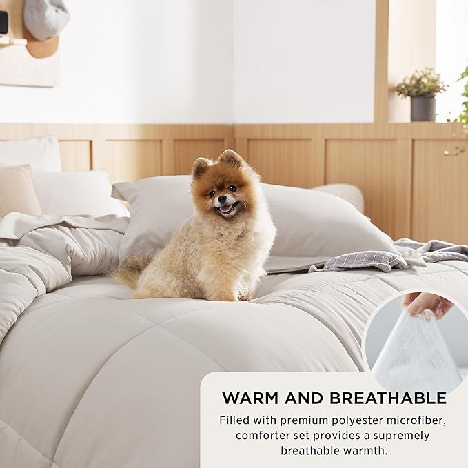 Bedsure Beige Twin Comforter Set - 5 Pieces Solid Twin Bed in a Bag, Twin Bed Set Beige with Quilted Warm Fluffy Comforters, Sheets, Pillowcase & Sham