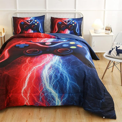 Meeting Story Gamer Gaming Bedding Sets Tie Dye Lightnings Gamepad Comforter Set for Boys Games Console Action Buttons Novelty Colorful Modern Room Decor Home Quilt Set (Queen, Red-Blue)