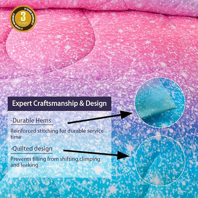 JQinHome Queen 3Pcs Glitter Comforter Sets for Girls, 3D Colorful Duvet Pink Rainbow Themed Bedding, All-Season Reversible Quilted Duvet,for Girls Women- includes 1 Comforter, 2 Pillowcases