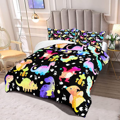 Cartoon Dinosaur Comforter Set for Boys Colorful Gradient Dinos Bedding Sets Queen Size Cute Dinosaurs Prints Comforter Set Soft Microfiber 3Pcs Bed Sets with 2 Pillowcases