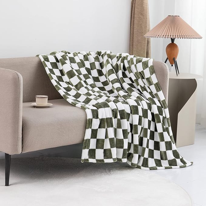 LOMAO Throw Blankets Flannel Blanket with Checkerboard Grid Pattern Soft Throw Blanket for Couch, Bed, Sofa Luxurious Warm and Cozy for All Seasons (Dark Olive, 60"x80")