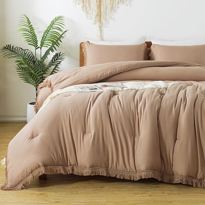 Andency Taupe Comforter Set Queen, 3 Pieces Boho Tassel Lightweight Bedding Comforter Sets, Tan All Season Soft Fluffy Fringe Bed Set (90x90In Comforter & 2 Pillowcases)