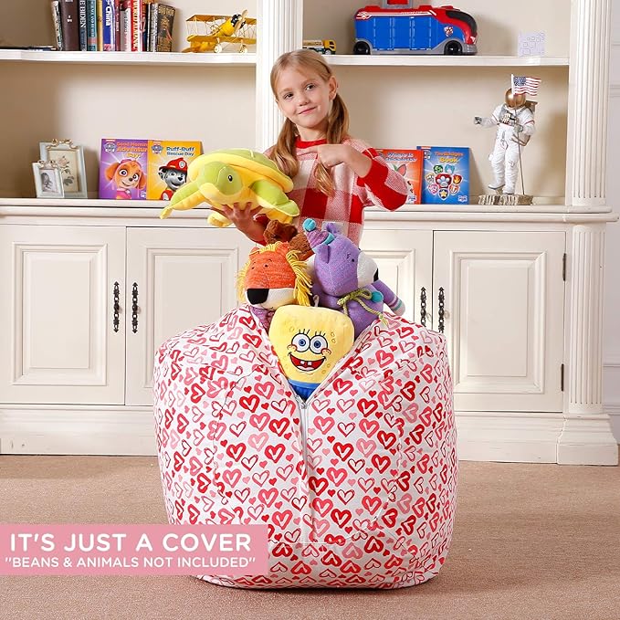 Aubliss Stuffed Animal Bean Bag Storage Chair, Beanbag Covers Only for Organizing Plush Toys, Turns into Bean Bag Seat for Kids When Filled, Medium 32"-Canvas Pattern Heart