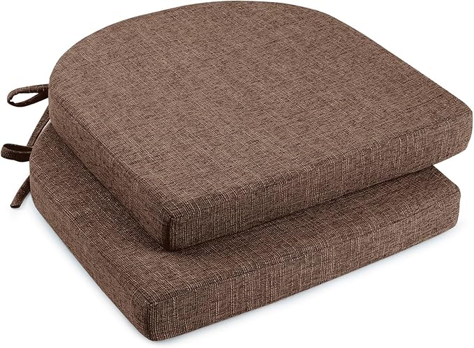 downluxe Indoor Chair Cushions for Dining Chairs, Soft and Comfortable Textured Foam Kitchen Chair Pads with Ties and Non-Slip Backing, 16" x 16" x 2", Brown, 2 Pack