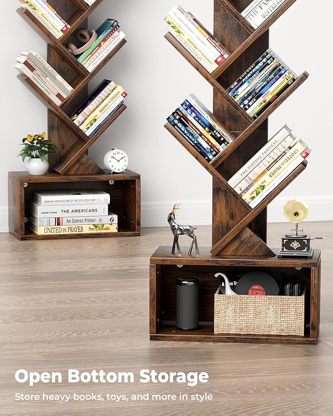 6 Tier Tree Bookshelf with Light, Small Bookcase Tower for Books/CDs/Movies, Sturdy Tall Floor Standing Book Organizer with Storage Cabinet for Living Room, Bedroom and Home Office