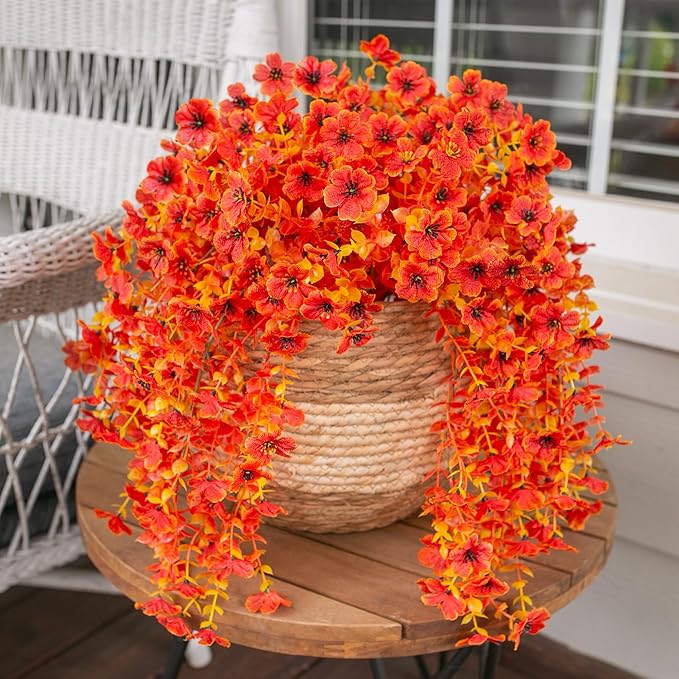 INSPRING Fall Artificial Flowers for Outdoors Fake Silk Flower, 2Pcs Red Orange Daisy Autumn Decor, Realistic Hanging Decoration Plants, UV & Fading Resistant for Porch Patio Balcony Planter