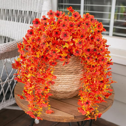 INSPRING Fall Artificial Flowers for Outdoors Fake Silk Flower, 2Pcs Red Orange Daisy Autumn Decor, Realistic Hanging Decoration Plants, UV & Fading Resistant for Porch Patio Balcony Planter