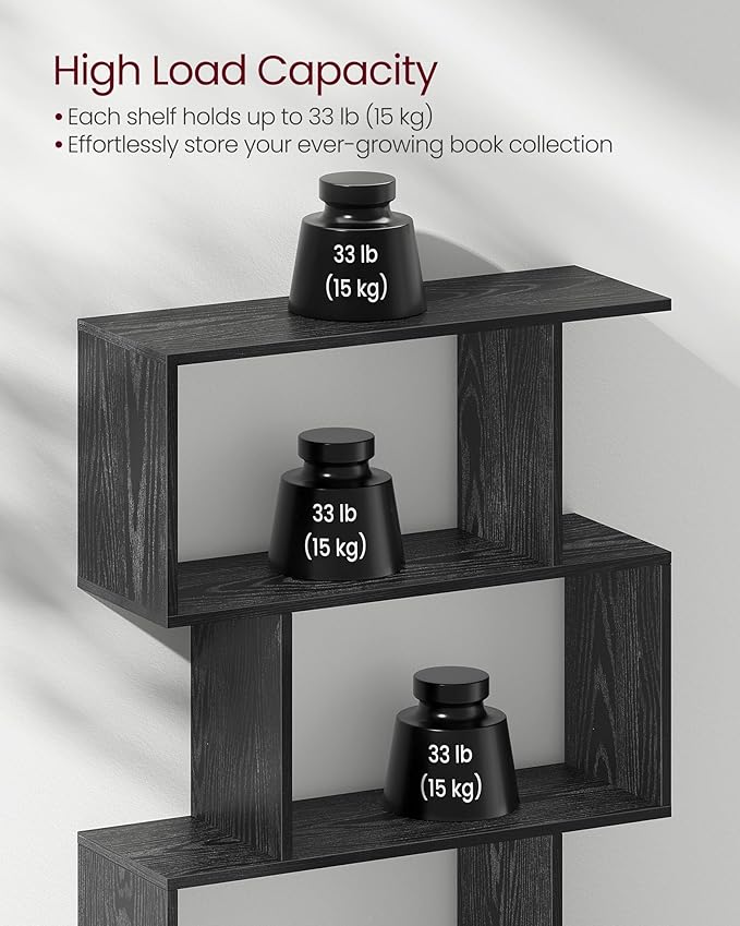 VASAGLE Bookshelf, 5-Tier Bookcase, Tall Display Shelf, Freestanding Storage Shelf, Room Divider, for Home Office, Living room, Bedroom, Study, Ebony Black ULBC062T56
