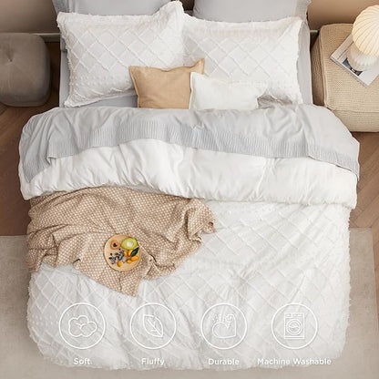 Bedsure Full Size Comforter Set - Ivory Comforter, Boho Tufted Shabby Chic Bedding Comforter Set, 3 Pieces Vintage Farmhouse Bed Set for All Seasons, Fluffy Soft Bedding Set with 2 Pillow Shams