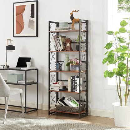 VECELO Folding Bookshelf,5 Tier Bookcase Foldable Easy Assembly, Industrial Book Shelf Storage Organizer with X Metal Frame and Anti-Toppling Design,