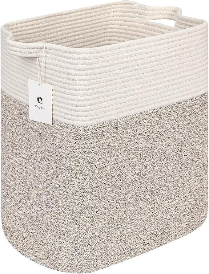 Extra Large Tall Basket Folding Bamboo Rectangle Handle Bins With Handle, Bathroom Dirty Clothes Basket, Bedroom, Toy, Pillows, Closet Organizer White Brown Collapsible Laundry Baskets