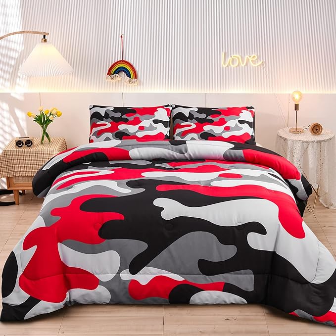 Meeting Story Camouflage Bedding Set, Colorful Pattern Style Comforter Set, 3 PCS One Comforter and Two Pillowcases in One Bag, All Season Bedspread for Kids Teens Adults (Black, Queen)