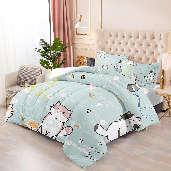 Cat Bedding Set Twin Size, Cartoon Cats Comforter for Girls Kids Teens, Blue Lovely Quilt Animal Pattern Comforter Set Soft Breathable Cute Duvet Set for All Season 2Pcs with Pillowcase