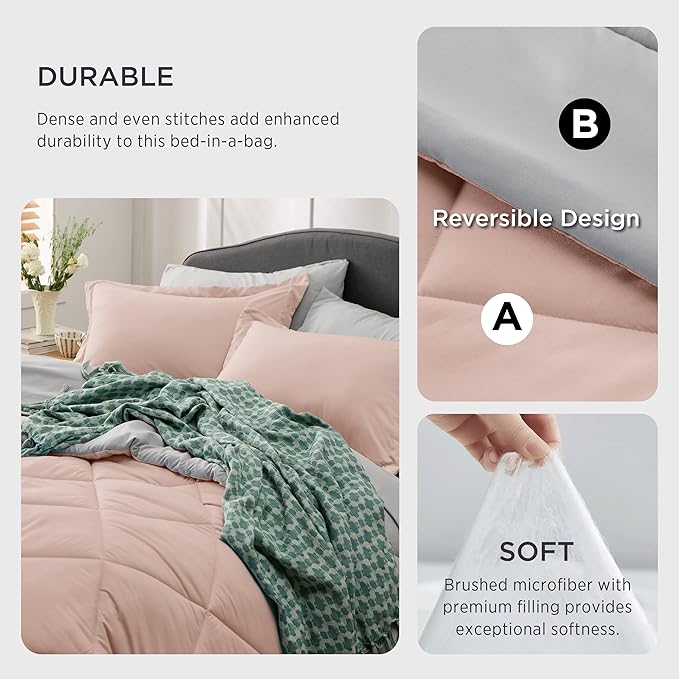 Bedsure Blush Pink Full Size Comforter Set - 7 Pieces Reversible Full Bed in a Bag, Full Bed Set with Comforters, Sheets, Pillowcases & Shams, Peach Pink Full Bedding Sets