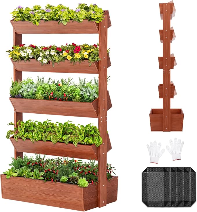 SUNYRISY 5 Tiers Vertical Wooden Raised Garden Bed Outdoor, Freestanding Garden Planter Box Stand for Planting Herbs Flowers Vegetables Outdoor Gardening