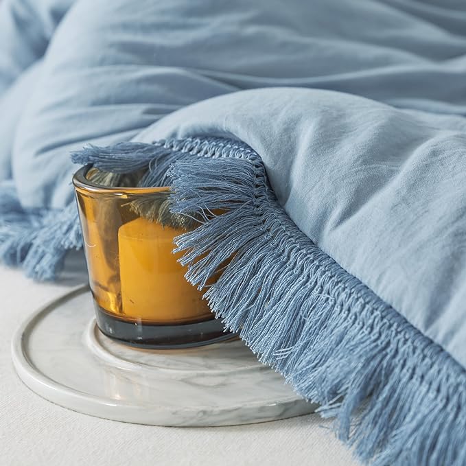 Andency Grayish Blue Comforter Set Twin Size, 2 Pieces Boho Tassel Lightweight Bedding Comforter Sets, All Season Soft Fluffy Fringe Bed Set (66x90In Comforter & 1 Pillowcase)