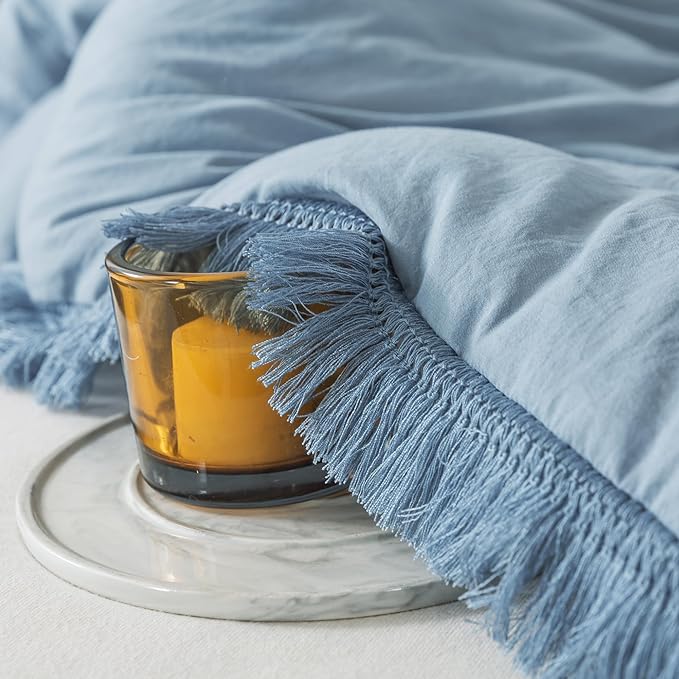 Andency Grayish Blue Comforter Set King Size, 3 Pieces Boho Tassel Lightweight Bedding Comforter Sets, All Season Soft Fluffy Fringe Bed Set (104x90In Comforter & 2 Pillowcases)