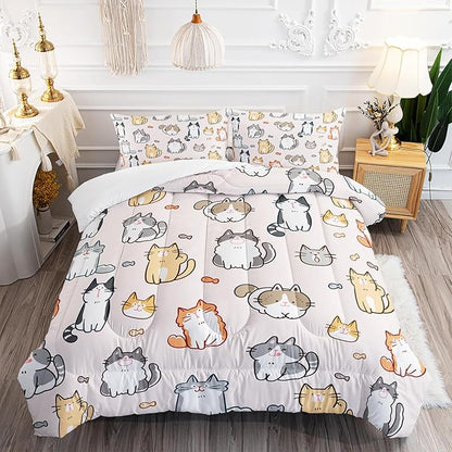 Kids Cute Cat Comforter Set Twin Size 3Pcs Cartoon Pet Cat Fishing Bedding Set Lovely Animal Quilt Bed Set for Children Girls Boys Room Decor