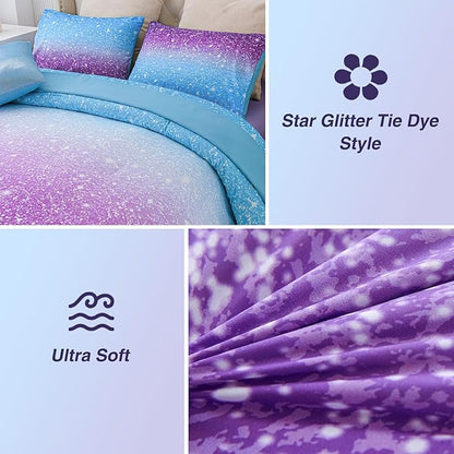 A Nice Night Girls Comforter Set Full Size 6 Piece Bed in A Bag 3D Colorful Sparkle Galaxy Rainbow Bedding Comforter Sheet Sets for Kids,BluePurple