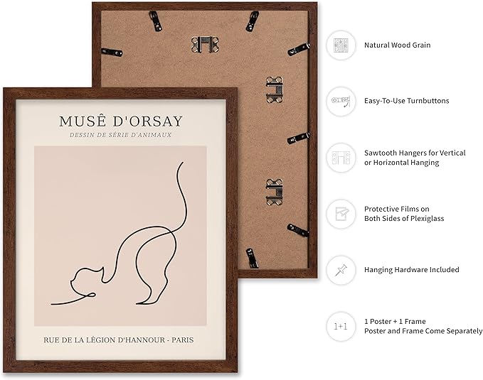 Poster Master Vintage Poster - Retro One Line Cat Drawing Print - Cat Art - Minimal Gift for Men, Women, Animal Lover - Abstract Wall Decor for Home, Office, Bedroom, 11x14 Brown Framed