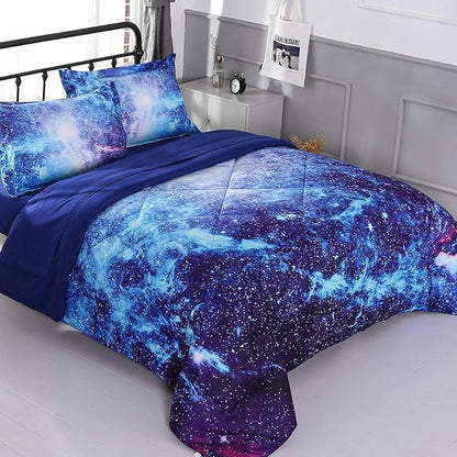 Wowelife Galaxy Bedding Sets for Girls and Boys 5-Piece Queen Size, Premium 3D Outer Space Galaxy Comforter Set Blue, Comfortable and Soft for Kids and Adults(Queen-5 Piece, Blue Galaxy)