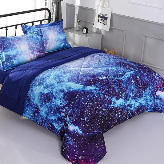 Wowelife Galaxy Bedding Sets for Girls and Boys 5-Piece Queen Size, Premium 3D Outer Space Galaxy Comforter Set Blue, Comfortable and Soft for Kids and Adults(Queen-5 Piece, Blue Galaxy)