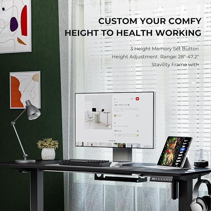 Electric Standing Desk,Adjustable Height Desk With Curved Desktop, Stand Up Desk With 2 Metal Hooks & Cable Organizer Box, Powerful Motor For Fast Switch From Sit To Stand Position 55x24 Black
