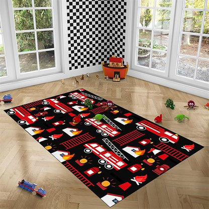 Car Play Rug Fire Fighting Truck Area Rug Car Rug Play Mat Kids Rugs for Playroomcar Rug for Boys Room Carpet Floor Mat for Bedroom Living Room,Black 2'5''×4'