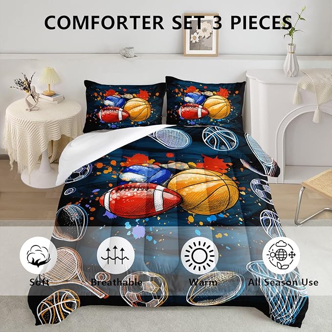Axolotl Ball Game Bedding Set Queen,Basketball Comforter Set Sports Bedding,Volleyball Comforter Set Soccer Bedding,Football Comforter Colorful Grunge Style for Kids Boys Teens,1 Quilt 2 Pillowcases