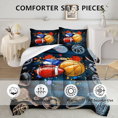 Axolotl Ball Game Bedding Set Queen,Basketball Comforter Set Sports Bedding,Volleyball Comforter Set Soccer Bedding,Football Comforter Colorful Grunge Style for Kids Boys Teens,1 Quilt 2 Pillowcases