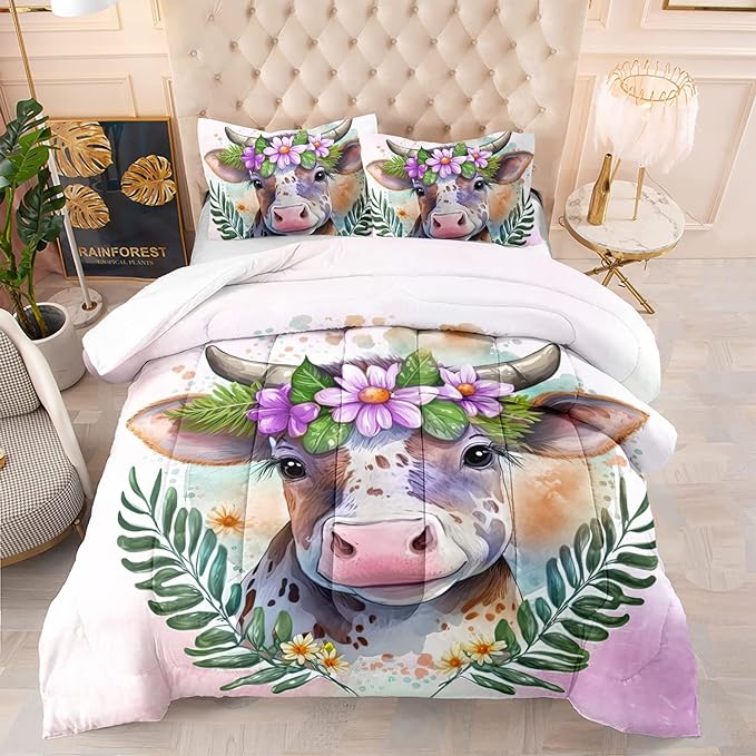 CVHOUSE Kawaii Cow Comforter Set Queen Size,Cute Pink Cow Bedding Set for Girls Kids,Kawaii Cow Quilt Set Pink Cow Duvet Set Girl's Bedroom Decor 3 Pieces