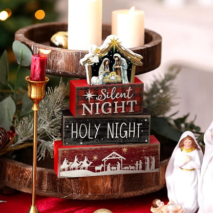 Moucuny 4 Pcs Christmas Table Decor Wooden Christian Religious Decoration Nativity Scene Centerpiece Holy Night Tiered Tray Decor Red and Black Buffalo Plaid Block Signs Xmas Decoration for Kitchen