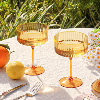 24 PCS Ribbed Coupe Glasses Amber Plastic Champagne Coupe Cup 10oz Detachable Gold Rim Espresso Martini Glass Vintage Margarita Glassware Cocktail Glass Disposable for Thanksgiving Wedding