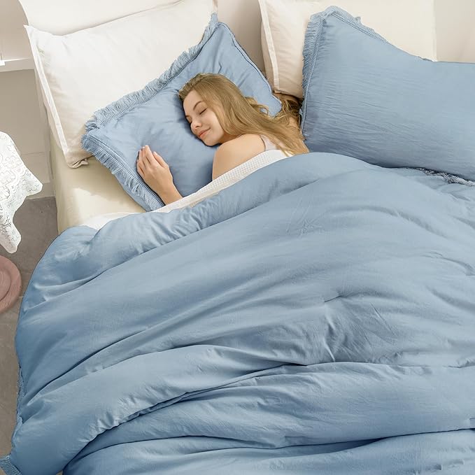 Andency Grayish Blue Comforter Set California King, 3 Pieces Boho Tassel Lightweight Bedding Comforter Sets, All Season Soft Fluffy Fringe Bed Set (104x96In Comforter & 2 Pillowcases)
