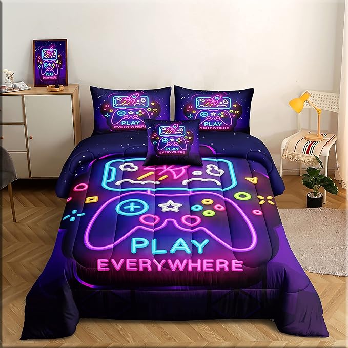 6 Pieces Gamer Bedding Set for Boys Gaming Comforter Full Size, Game Controller Comforter for Teen 3D Gamepad Microfiber 6 Piece Bed in A Bag Kids Bedding Sets with Sheets,DJT H5031 Full