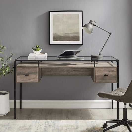 Walker Edison Writing Desk, 56, Glass Top 2 Drawer Computer, 56 Inch, Grey Wash