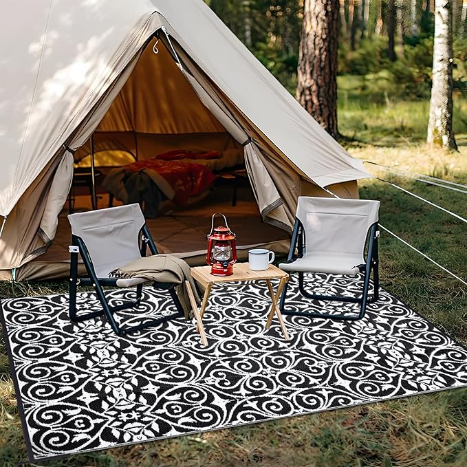 OLANLY Outdoor Rug Waterproof 8x10 ft Clearance, Reversible Outdoor Plastic Straw Rug with Floral Pattern, RV Mat for Patio, Camping, Balcony, Deck, Backyard, Black & White