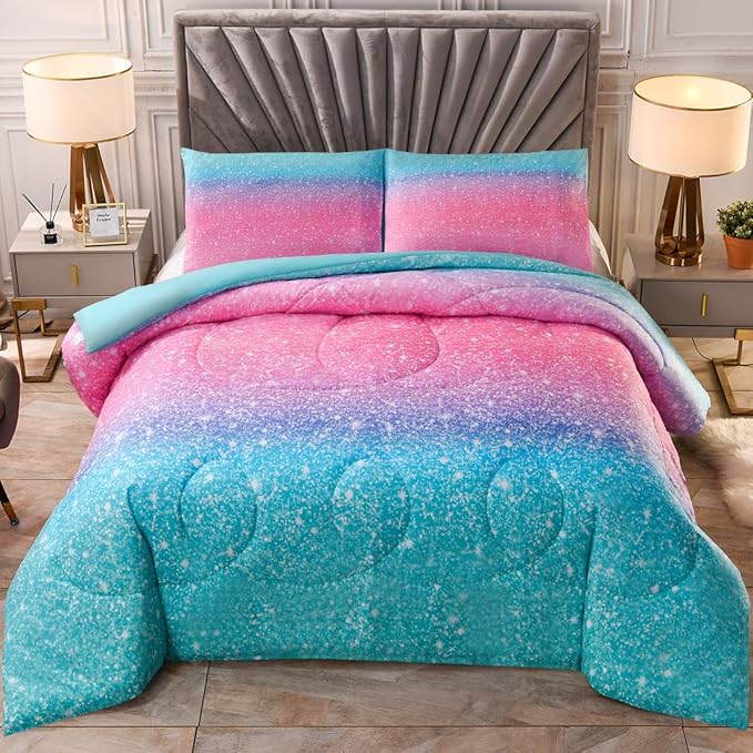 JQinHome Twin Glitter Comforter Sets for Girls, 3D Colorful Duvet Pink Rainbow Themed Bedding, All-Season Reversible Quilted Duvet, for Girls Teen Women - includes 1 Comforter, 1 Pillowcase
