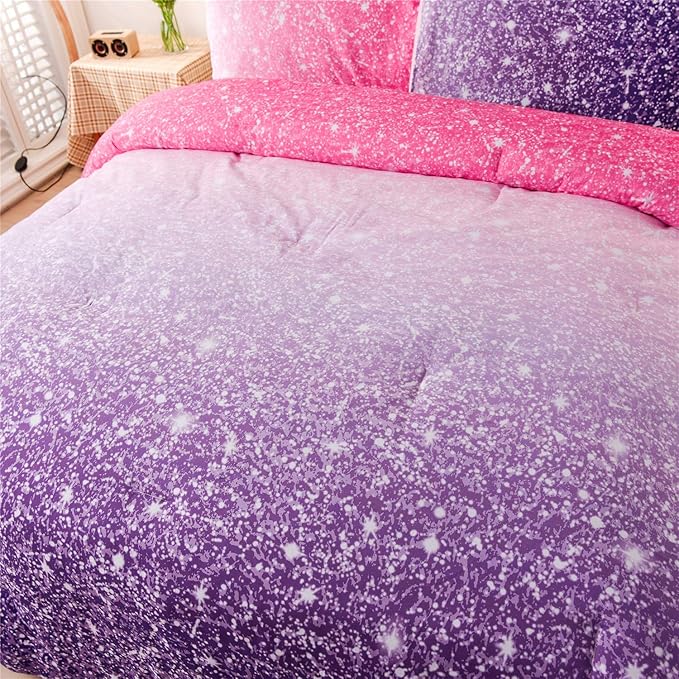 Holawakaka Kids Space Star Glitter Comforter Set Ombre Pink Purple Print Gradient Bedding Set Queen Size (Pink Purple, Queen)……