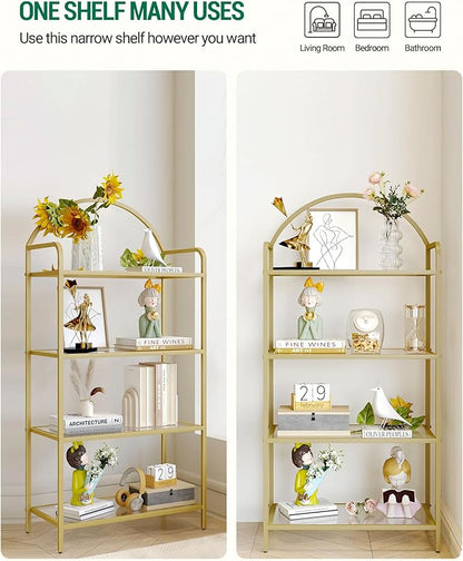 Bookcase Bookshelf, Tempered Glass Bookshelves, Slim Shelving Unit for Bedroom, Bathroom, Home Office, Steel Frame, 4 Tier Gold BC21499G
