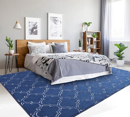 Chicrug Shag Geometric Modern Area Rug for Bedroom, 5x7 Feet Memory Foam Indoor Carpet, Fluffy Rug for Living Room Bedside Room Decor for Family Girls Kids Nursery Play Mat, Navy/White
