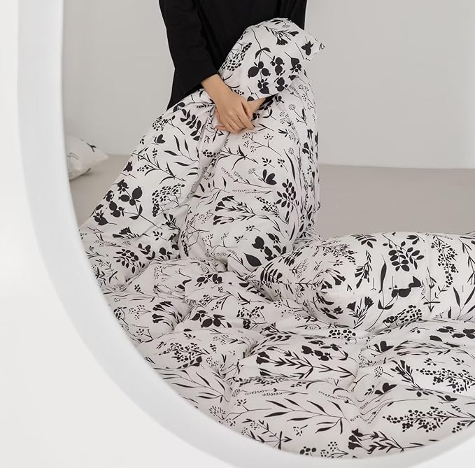 Black Botanical Comforter Set Twin White Black Floral Plant Bedding Comforter Set Girls Garden Pattern Printed on White Blanket Rustic Leaf Blossom Women White Farmhouse Comforter Twin