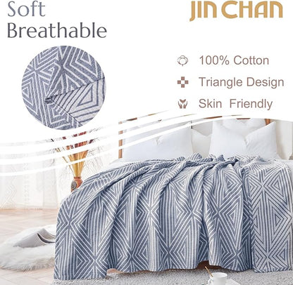 JINCHAN Boho 100% Cotton Blanket Muslin Twin Size 60x80 Inches Lightweight 3-Layer Geometric Triangle Striped Pattern Reversible Quilt Throw Soft Breathable Comfy All Seasons for Couch Bed Decor, Blue
